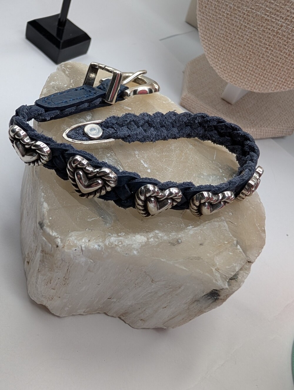 Brighton Dark Blue Braided Leather Heart Charm Bracelet Buckle Closure 8.5"